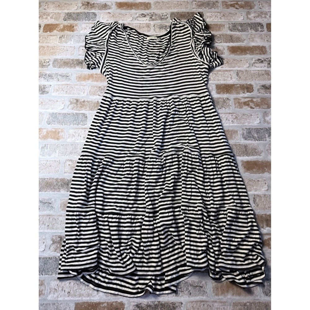 Max Studio Black White Striped Tiered Midi Dress Flutter Sleeve V-Neck 7902F59